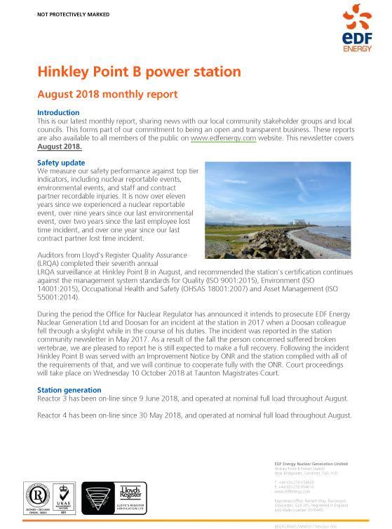 Hinkley Point B August 2018 Report